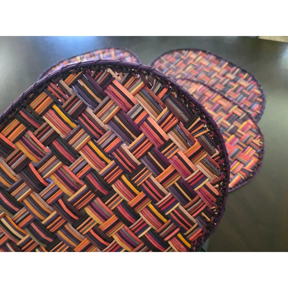 Rare Vintage Boho Rattan Multicolor Woven Oval Placemats One Size 5pcs